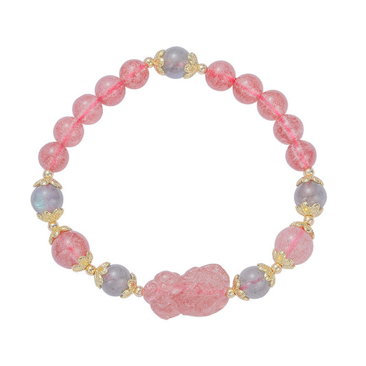 Strawberry Crystal Pixiu Bracelet with Gray Moonlight for Wealth Transfer