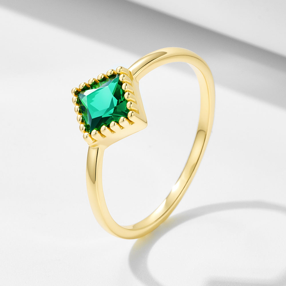 Geometric Square Emerald Zircon Sterling Silver Ring