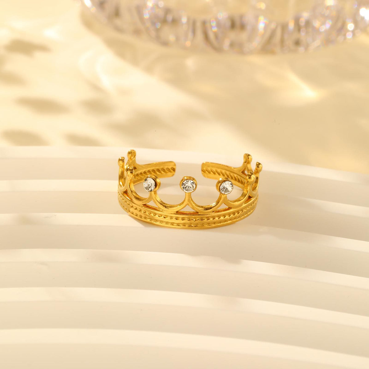 Stainless Steel Gold-Plated Design Sense Zircon Crown Opening Ring Gold