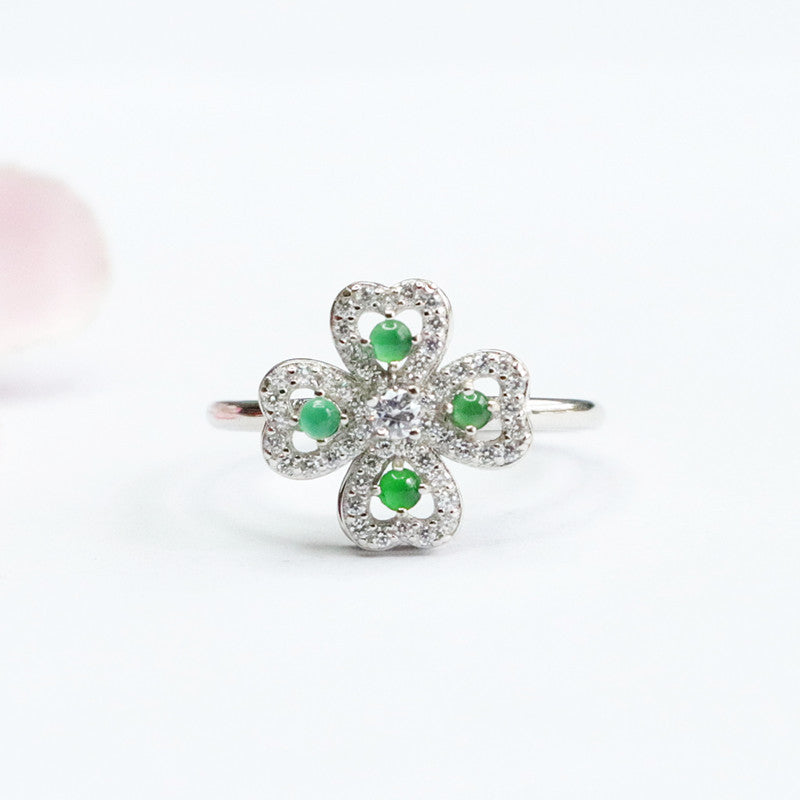Icy Green Jadeite Clover 925 Silver Ring