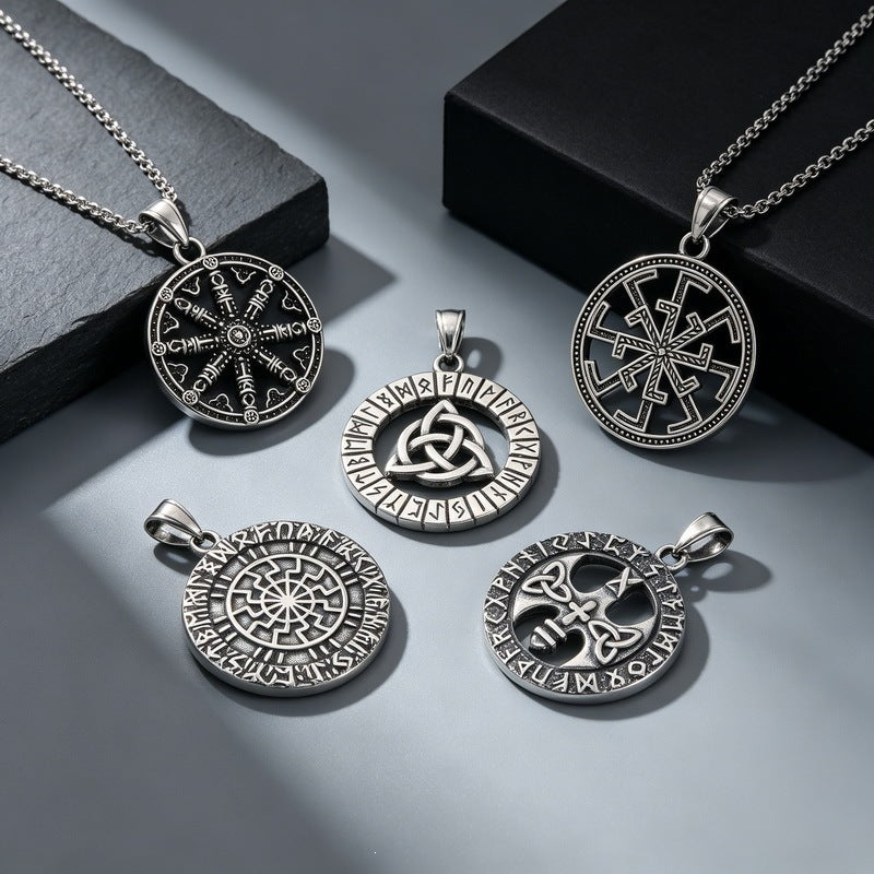 Vintage Viking Celtic Knot Luhn Rune Cross Pendant Slavic Sun Pattern Stainless Steel Necklace