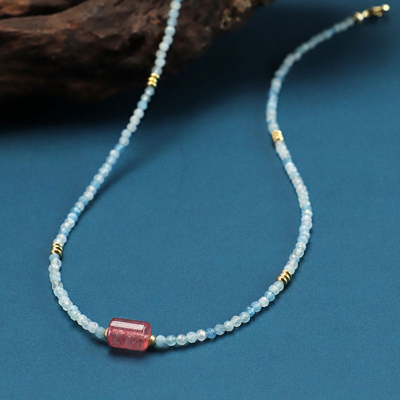 Aquamarine Strawberry Quartz Crystal Necklace