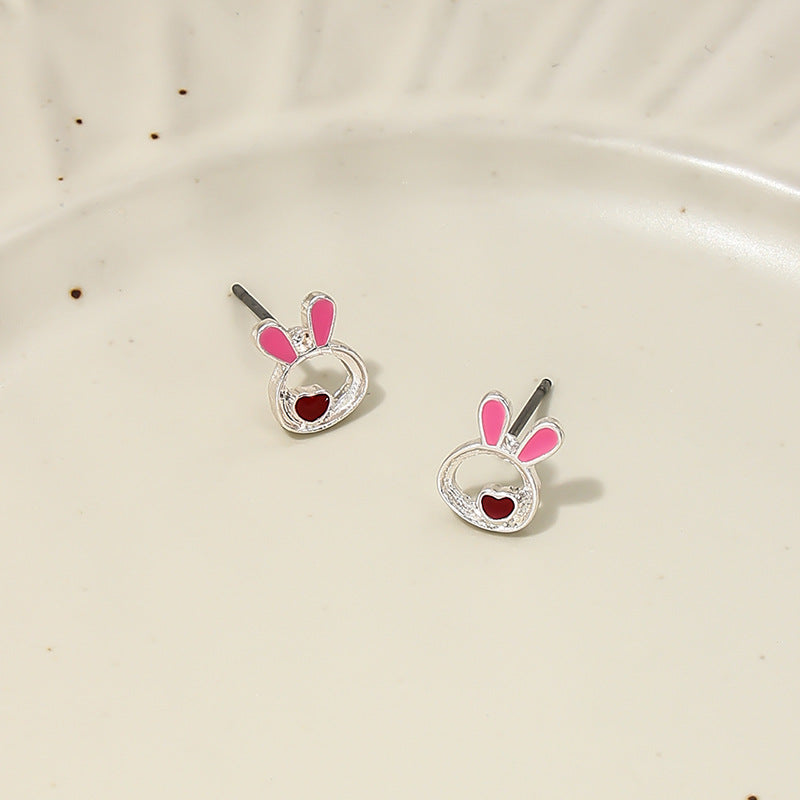 Sweet Pink Jade Rabbit Metal Earrings for Summer Girls