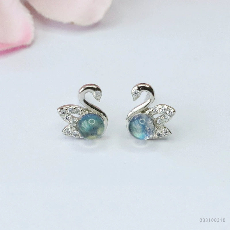 Gray Moonstone Swan 925 Silver Stud Earrings