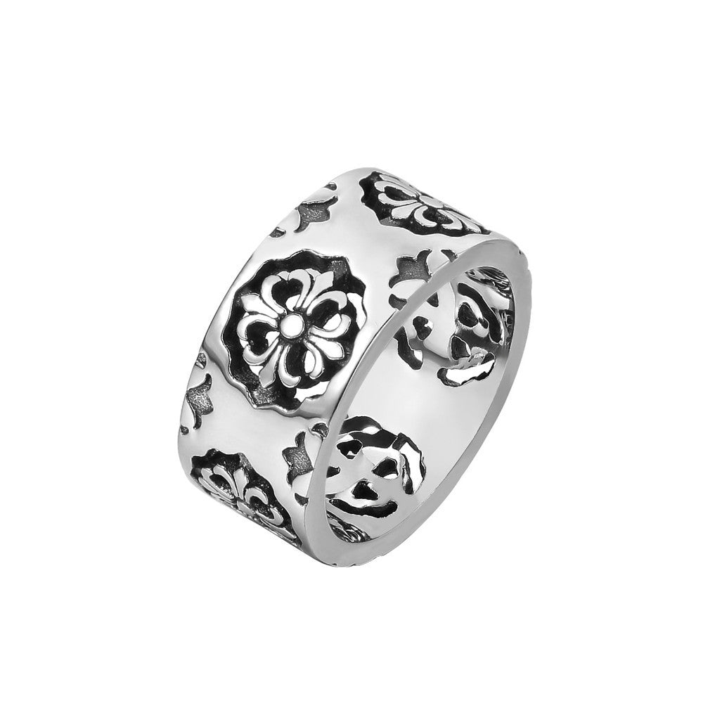 Hollow Cross Flower Pattern Titanium Steel Ring for Men