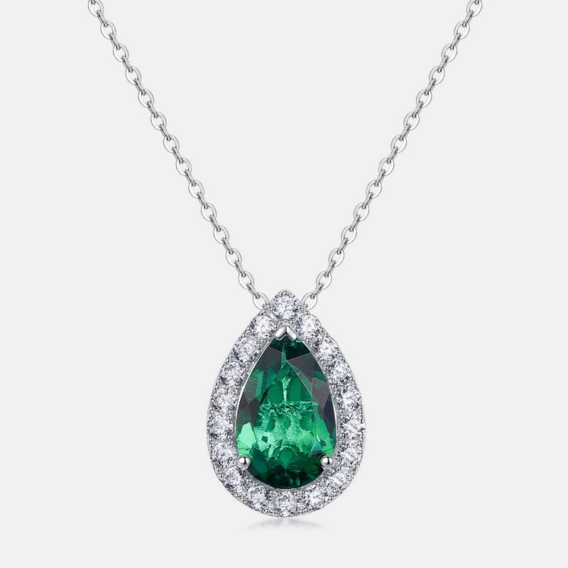 S925 Sterling Silver Lab-Grown Emerald Teardrop Pendant Necklace