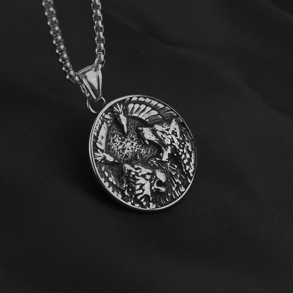 Vintage Nordic Stainless Steel Men's Viking Wolf Crow Pendant