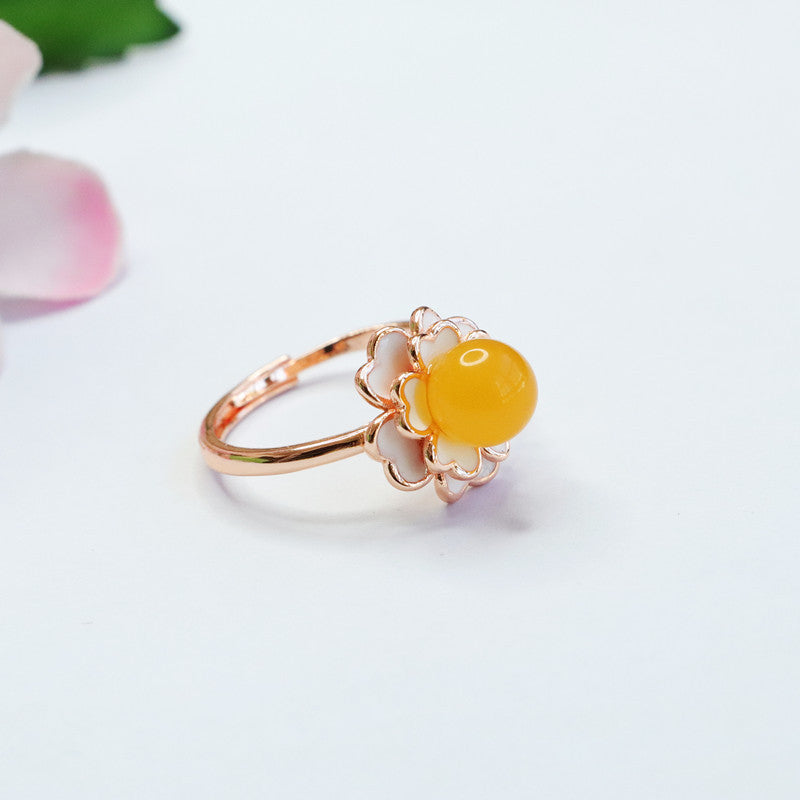 Amber Camellia Honey Wax Beaded Ring