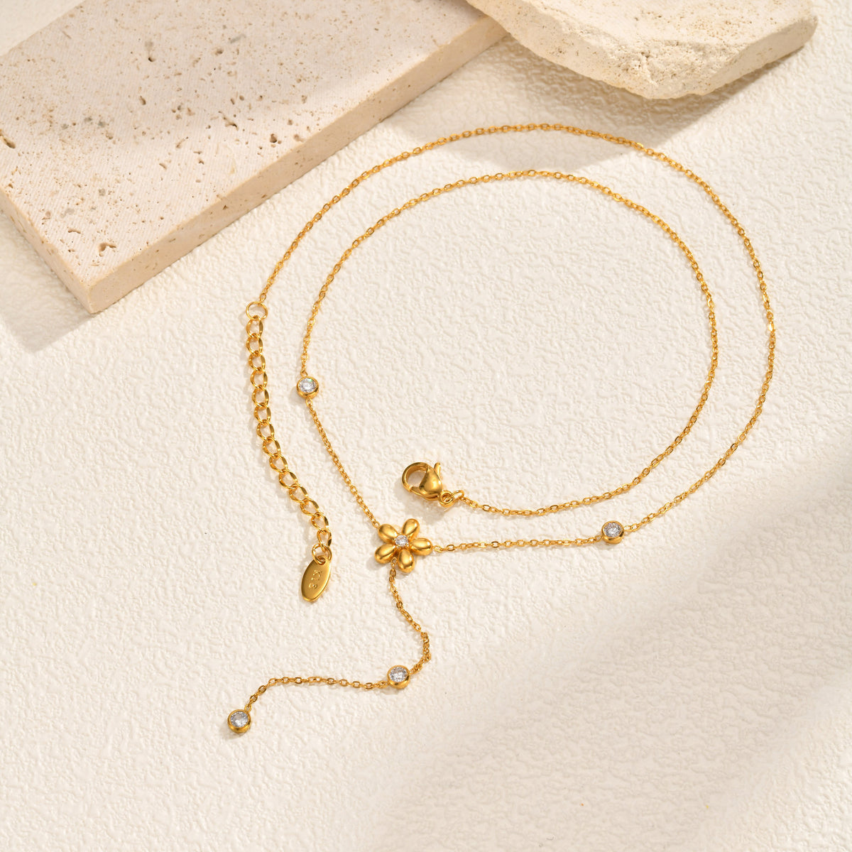 Stainless Steel Long Fringed Chain Necklace White Zircon Flower Y-Shaped Necklace
