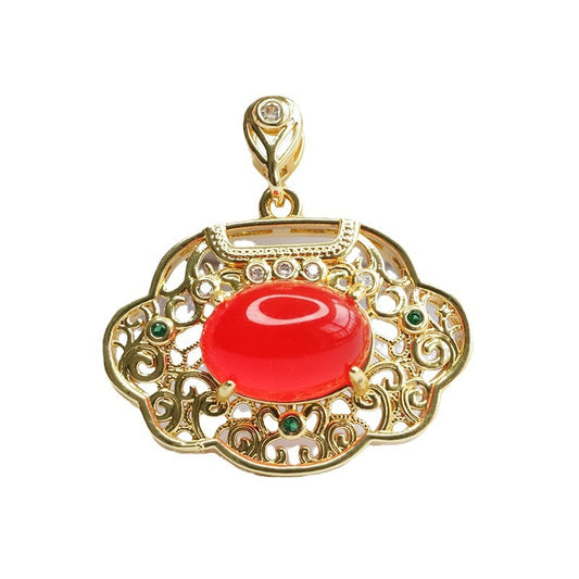 Oval Natural Red Agate Chalcedony Hollow Golden Wishful Lock Pendant Retro Jewelry