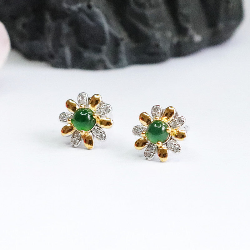Icy Green Jadeite Floral 925 Silver Stud Earrings