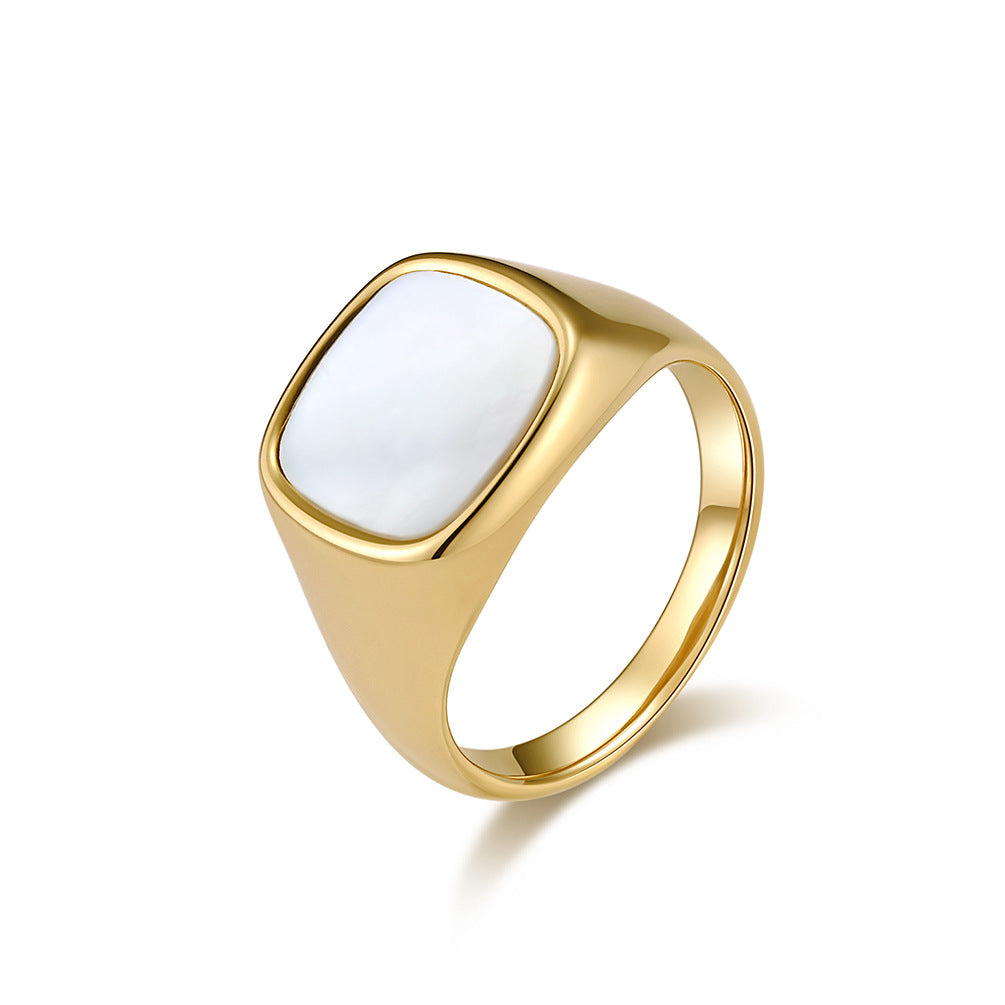 Planderful Titanium Steel Ring Unisex Square Seal With Shell Inlay Light Luxury Fashion Jewelry