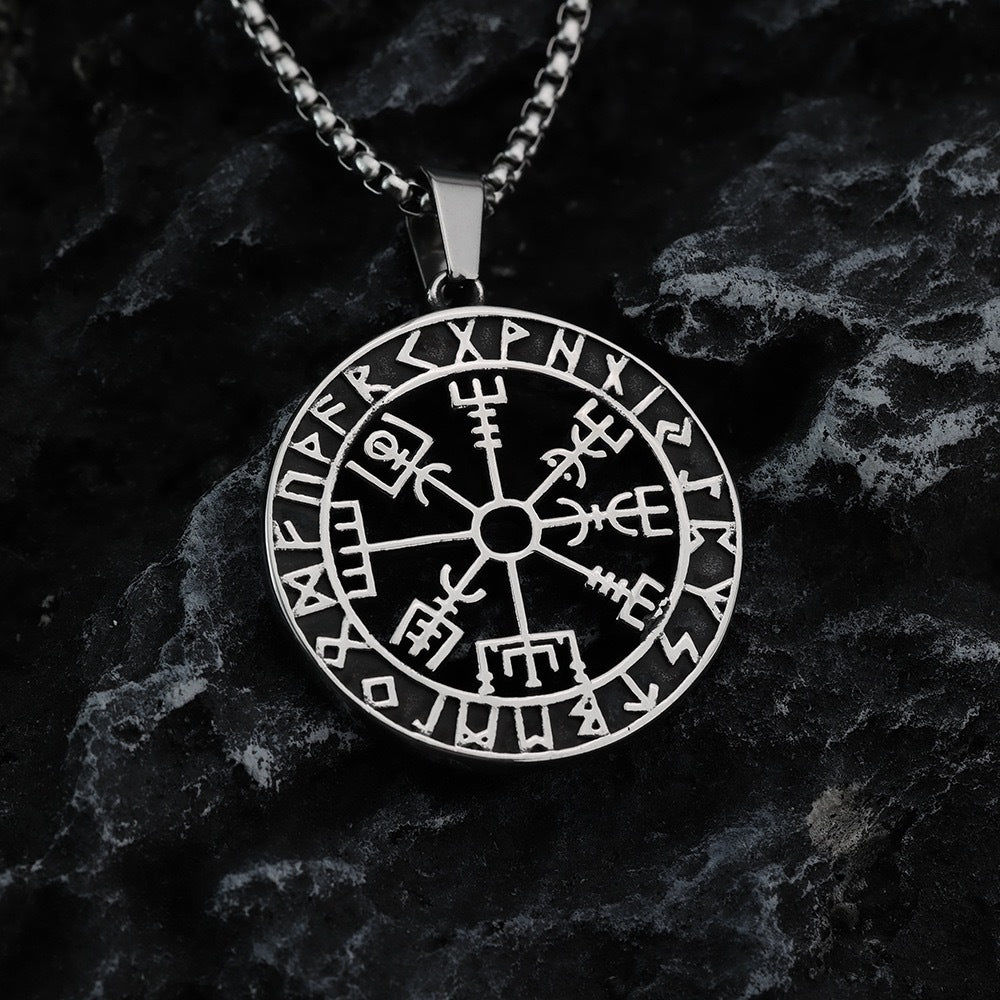 1. Planderful Round Hollow Viking Stainless Steel Necklace for Men Rune Inspired Gift
