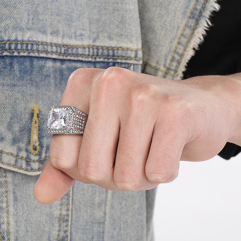 Planderful Luxury Zircon Ring for Men Gold Plated Titanium