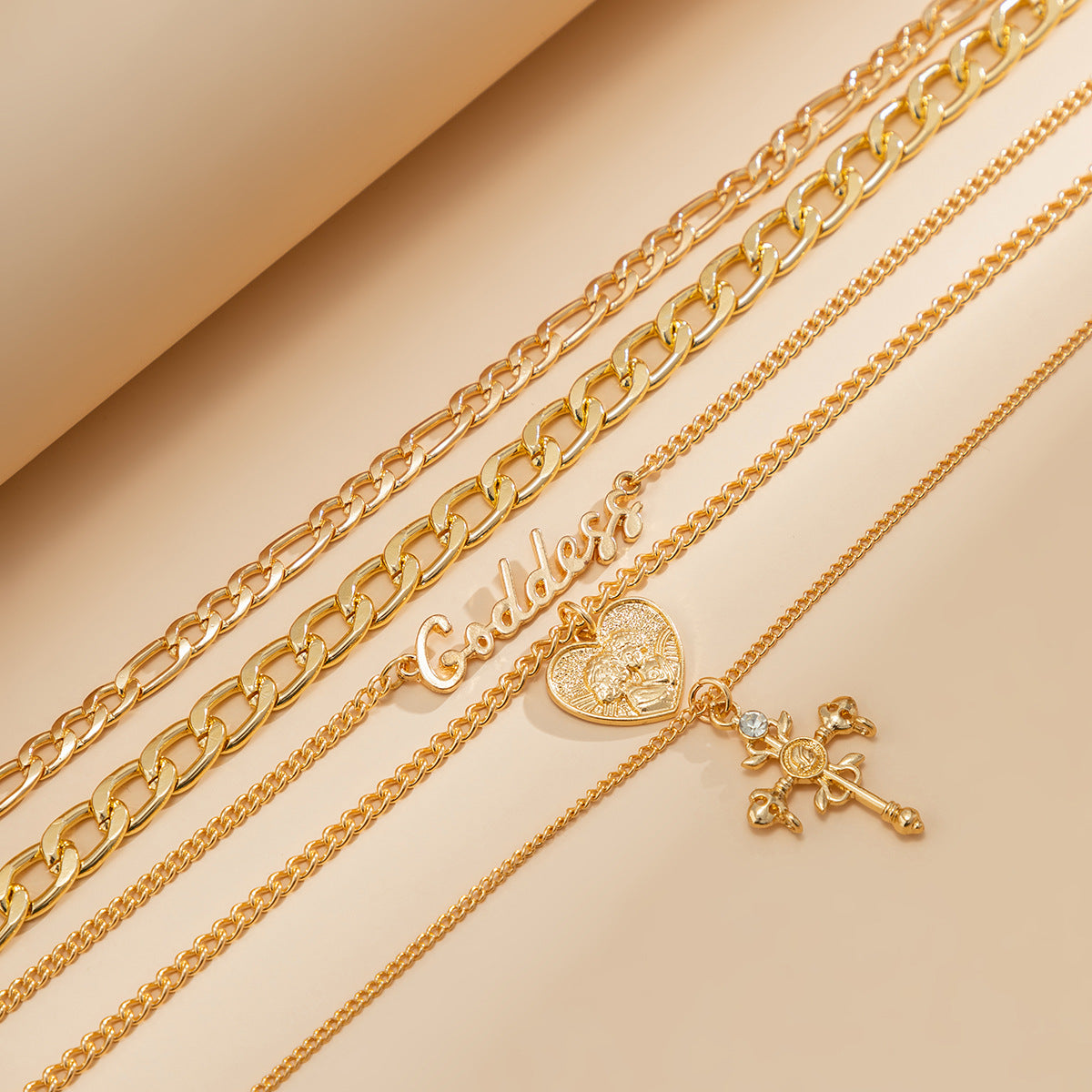 Vintage Letter, Cross & Portrait Layered Necklace