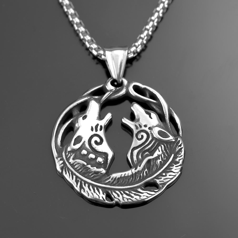 Retro Stainless Steel Men's Pendant Double Wolf Head Necklace