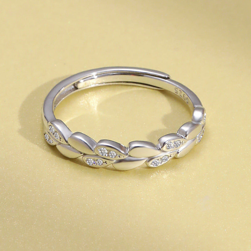 Leaf Design Zircon Opening Sterling Silver Ring