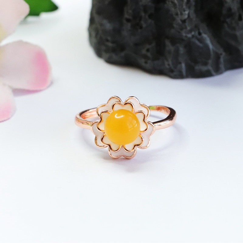 Amber Camellia Honey Wax Beaded Ring