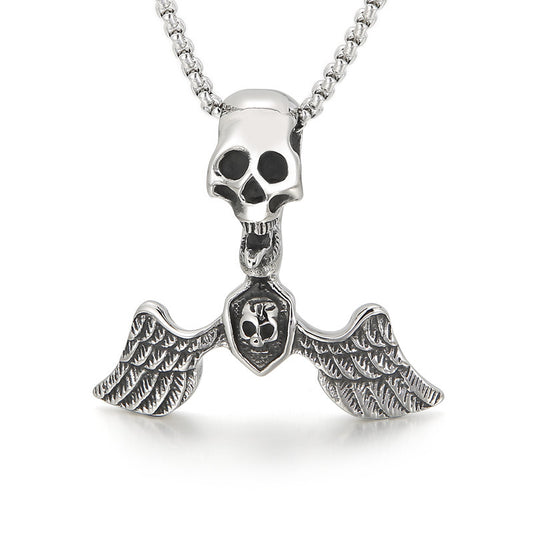 Exaggerated Angel Wings and Pirate Skull Pendant in Titanium Steel for Men