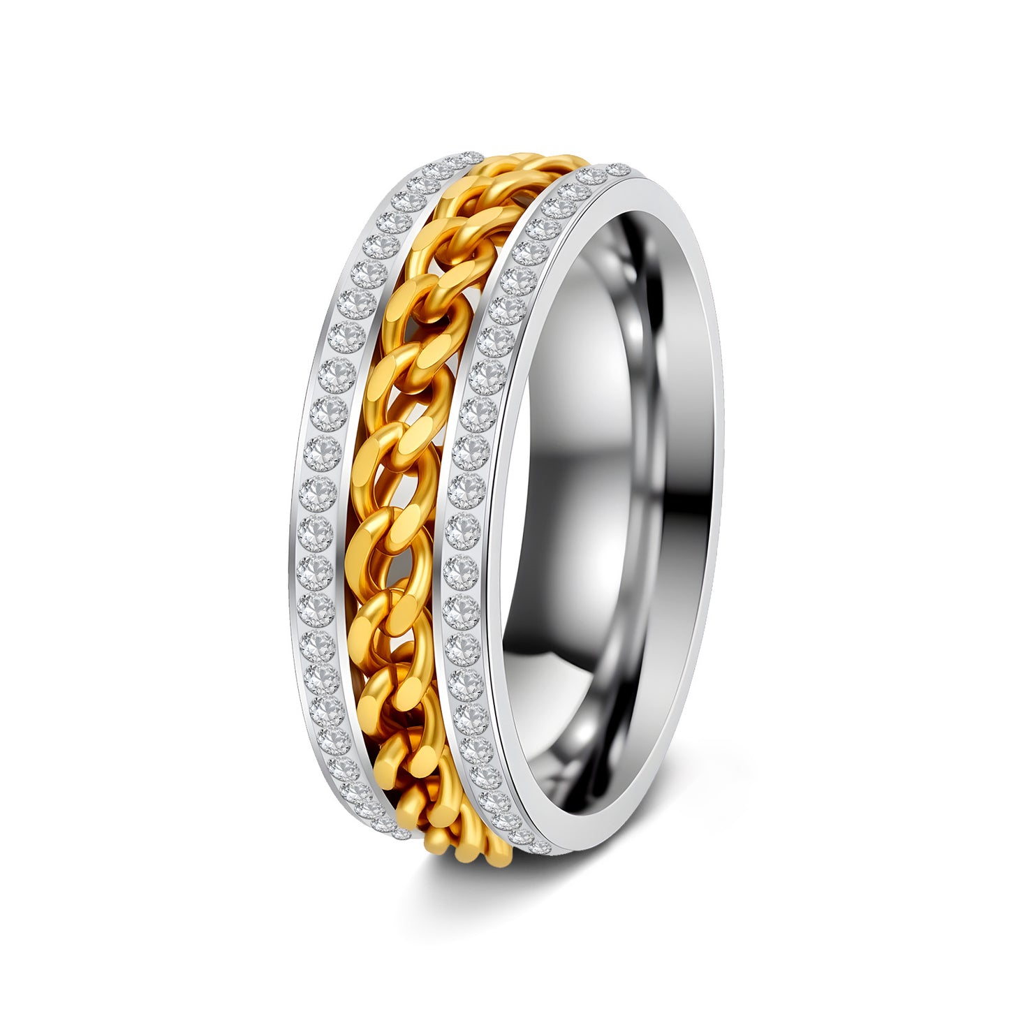 Planderful Everyday Genie Stainless Steel Rotatable Chain Double Row Zircon Couple Ring For Unisex