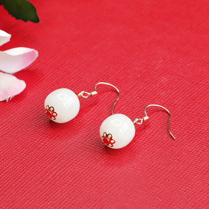 Sterling Silver Natural Hetian White Jade Earrings