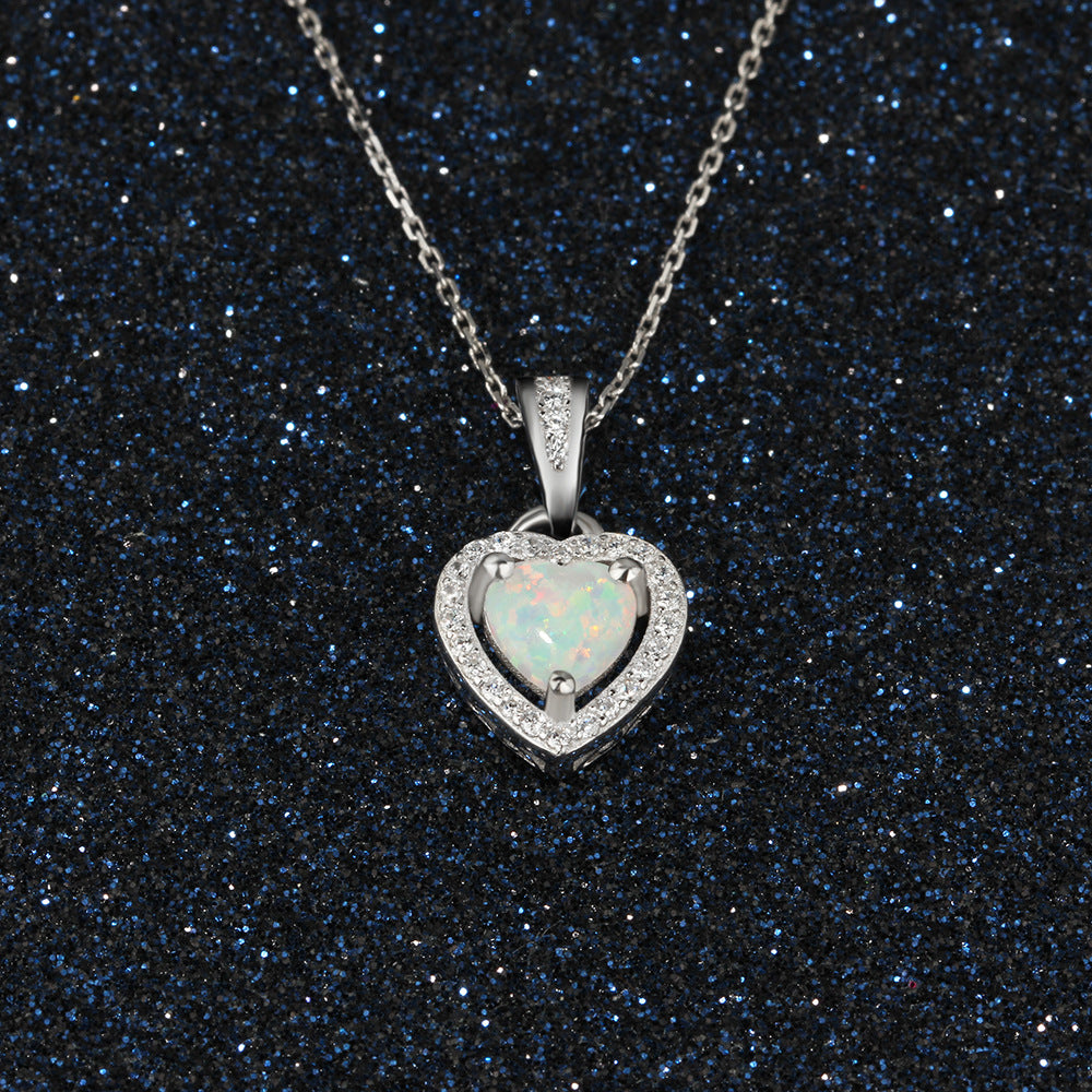 Planderful Jewelry Opal Heart Necklace In Sterling Silver With Zircon Accent For Modern Everyday Wear