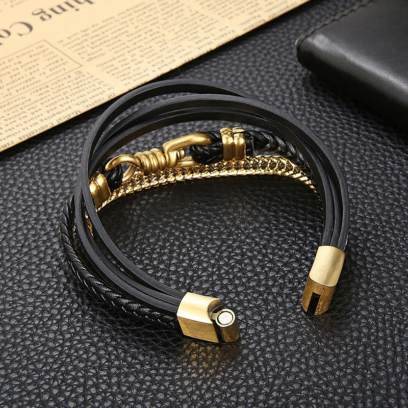 Planderful Men Leather Chain Bracelet Multi Layer Punk
