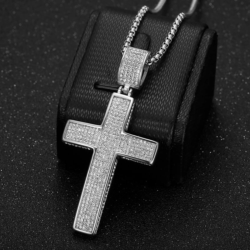 Planderful Hip Hop Cross Pendant Necklace For Streetwear Fans Gold Plated Stainless Steel Rhinestone Jewelry