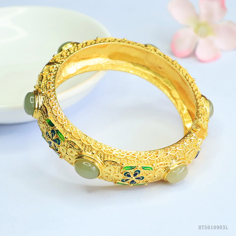 Qingshui Hetian Jade Enamel Flower Bangle