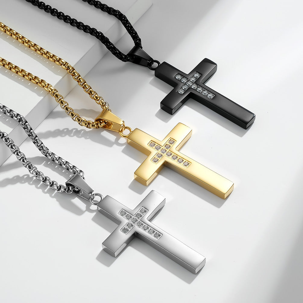 Planderful Zircon Cross Necklace For Fashion Lovers Premium Titanium Steel Pendant