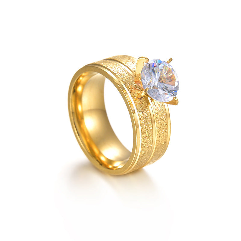 Gold Matte Titanium-Plated Zircon Ring with Wide Stainless Steel Band