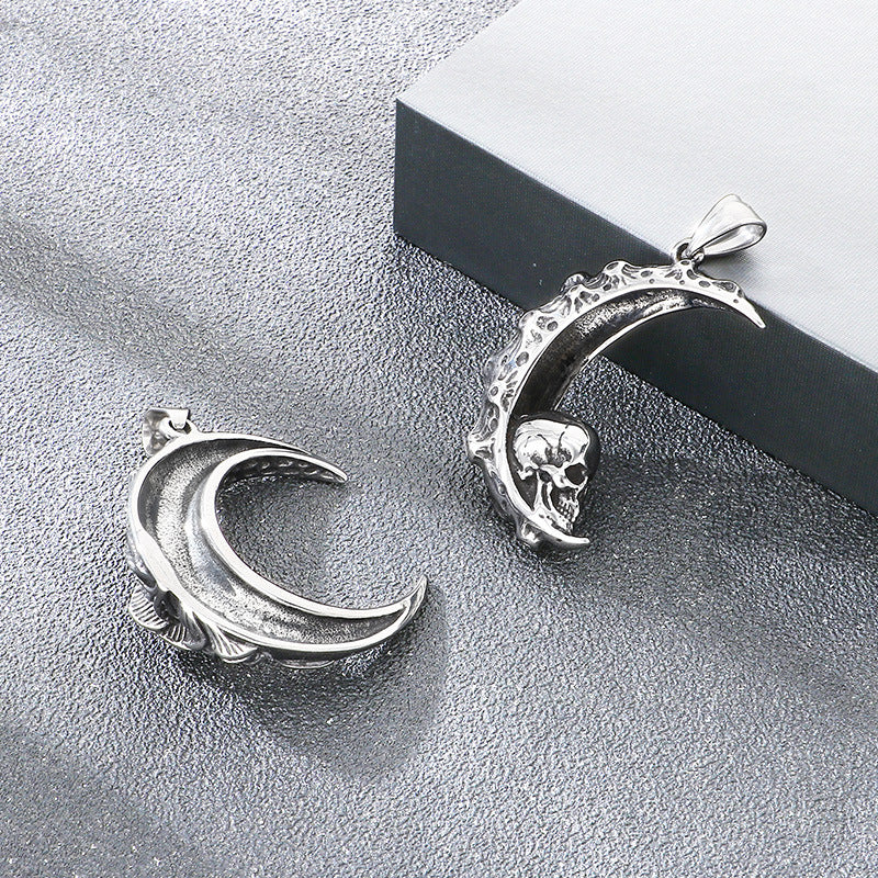 Gothic Style Dark Crescent Rose Pendant, Punk Vintage Skull Moon Titanium Steel Men's Necklace