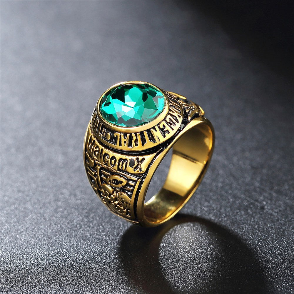 Planderful Eagle Army Ring Stainless Steel With Oval Zircon Unisex Durable Retro Gold Plated Protection
