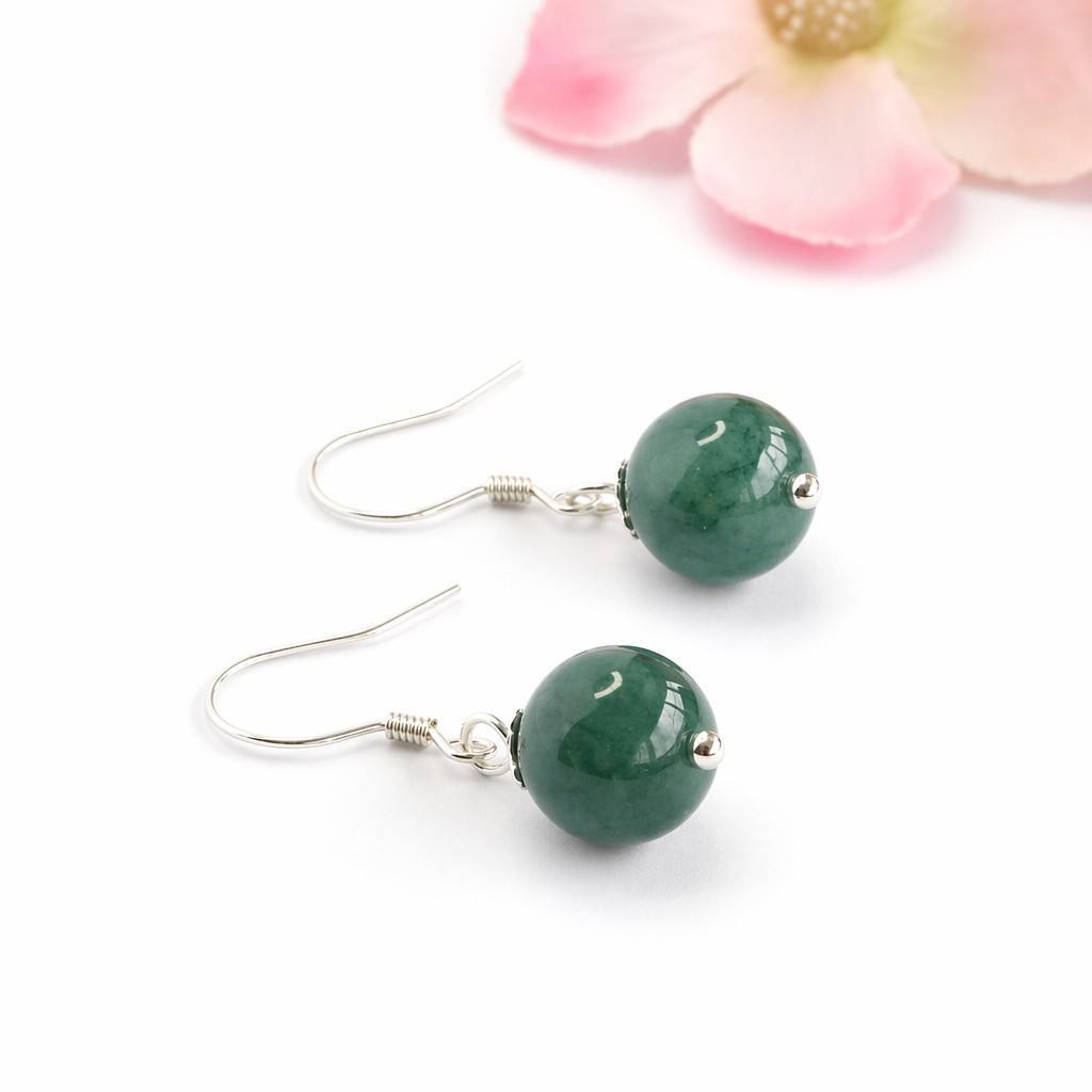 Blue-Water Jadeite Bead 925 Silver Hook Earrings