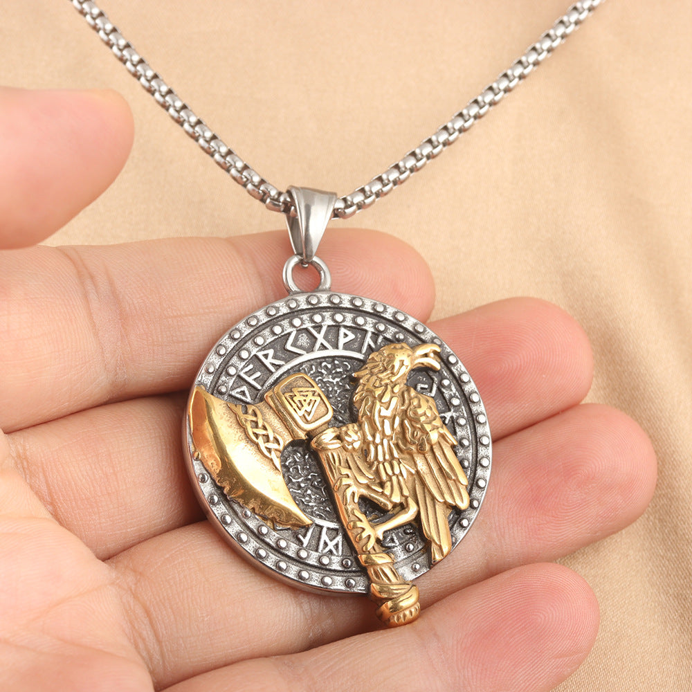 European And American Stainless Steel Axe Eagle Pendant Necklace For Men