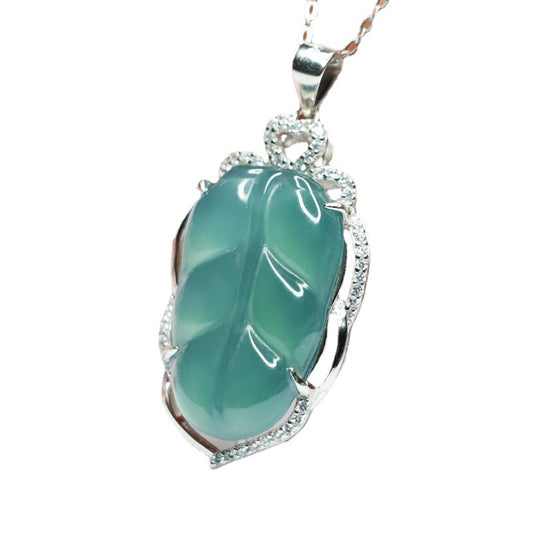 Icy Blue Jadeite Leaf Silver Pendant — No Chain