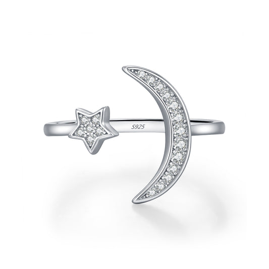 925 Sterling Silver Celestial Moon Star Zircon Ring