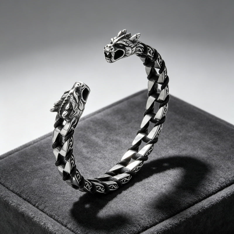 Open Double Dragon Head Rope Bracelet – Titanium Steel Men's Bracelet Skull Bracelet
