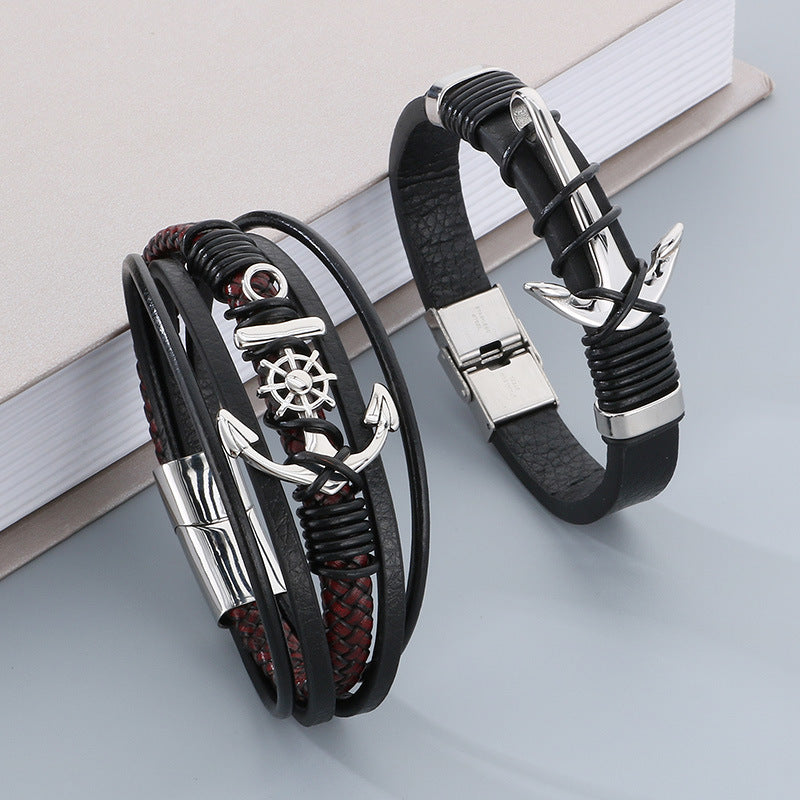 Planderful Men's Woven Leather Bracelet Magnetic Buckle