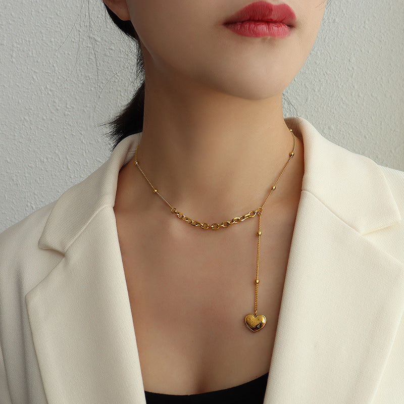 French Gold Heart Tassel Necklace - Women's Collarbone Chain