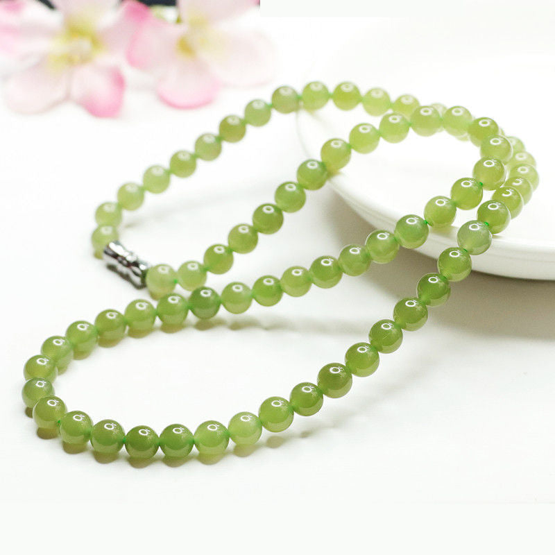 Natural Hotan Jade Light Green Jade Necklace Round Beads String Jade Jewelry