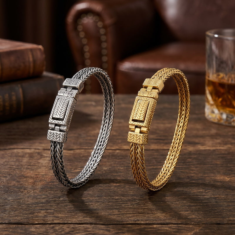 Keel Chain Punk Style 7/10mm Woven Wheat Ear Pattern Stainless Steel Men's Bracelet