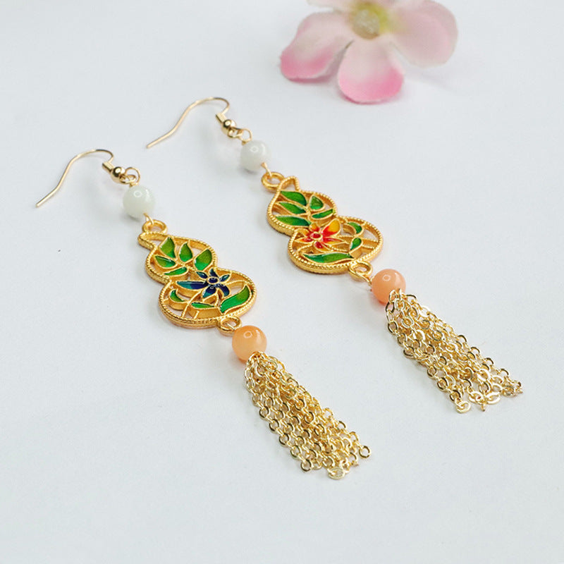 Jadeite Gourd Tassel Earrings with Enamel Ear Hooks-China-Chic