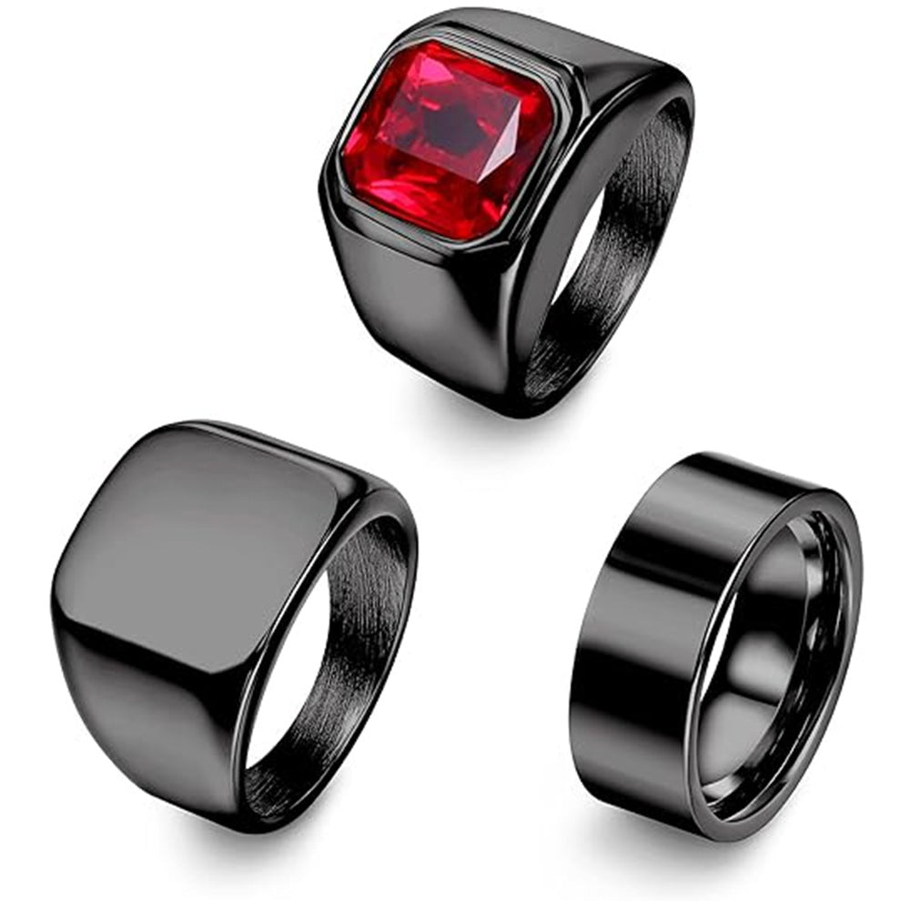 Planderful Tri Ring Titanium Steel Ring Red Zircon For Men