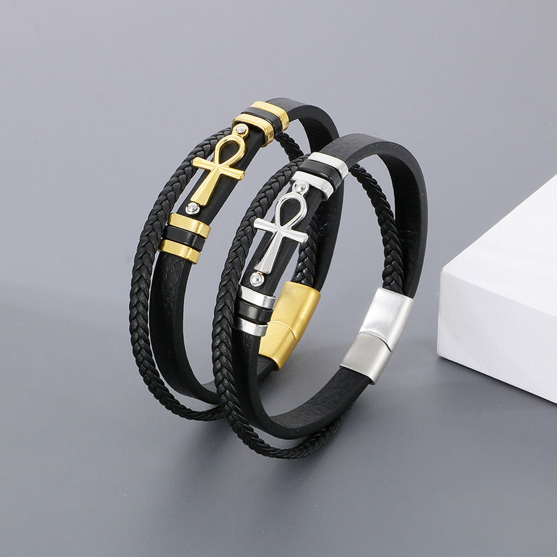 Planderful Leather Magnetic Buckle Handwoven Mens Bracelet
