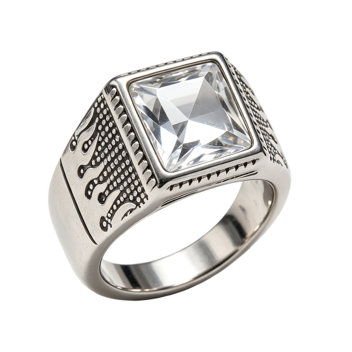 Flame-Detail Gemstone Titanium Steel Ring