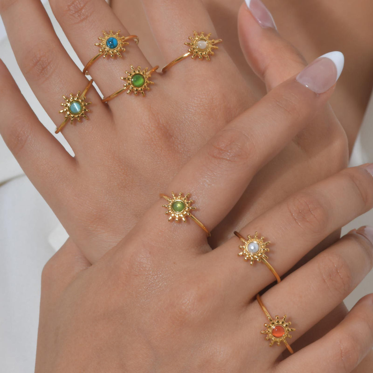 Stainless Steel Opal Natural Stone Sun Open Ring Gold – French