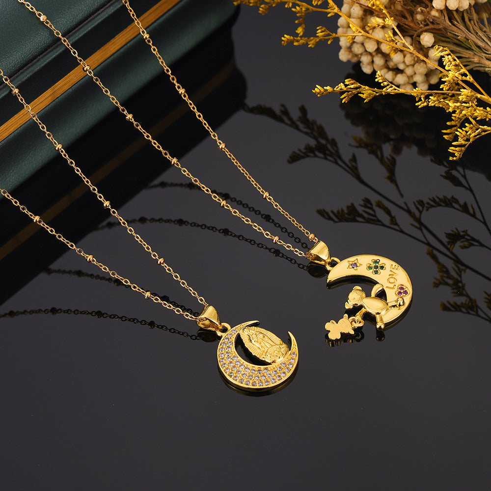 Moon Bear Pendant Gold-Plated Necklace with Zircon Bead Chain - Stylish European American Jewelry