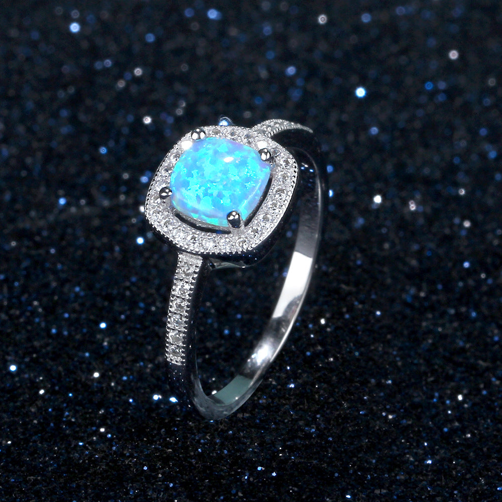 Planderful Jewelry Sterling Silver Opal Ring With Blue Inlaid Zircon Elegant Everyday Gem