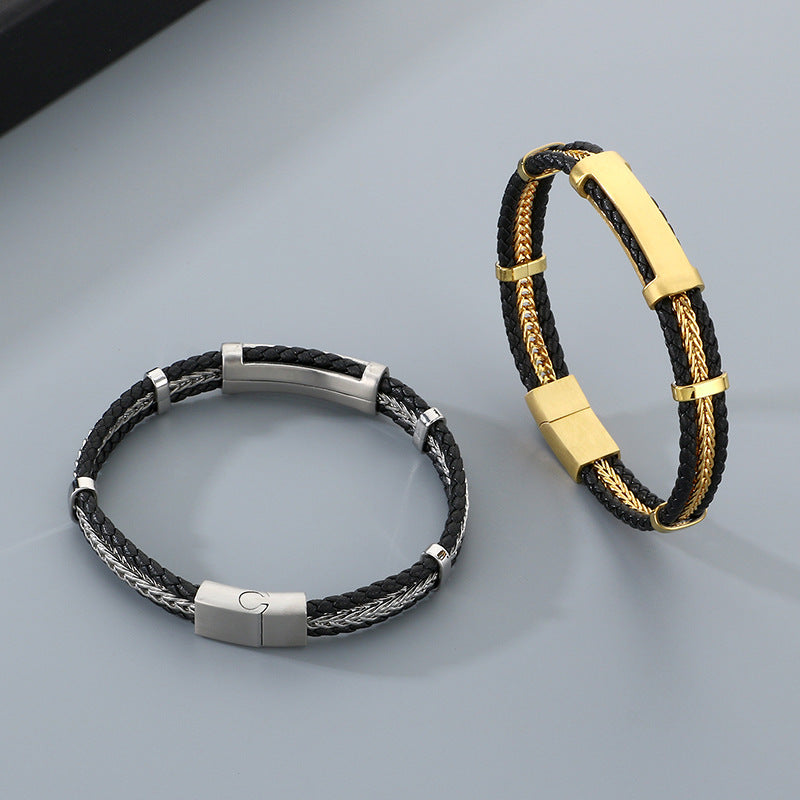 Business Men's Leather Rope Bracelet – Steel Wire Braided Multi-Layer Leather Rope